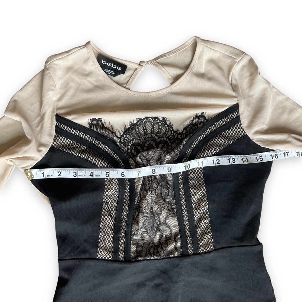 Bebe mini dress black lace nude sheer long sleeves women’s size small - Picture 14 of 14